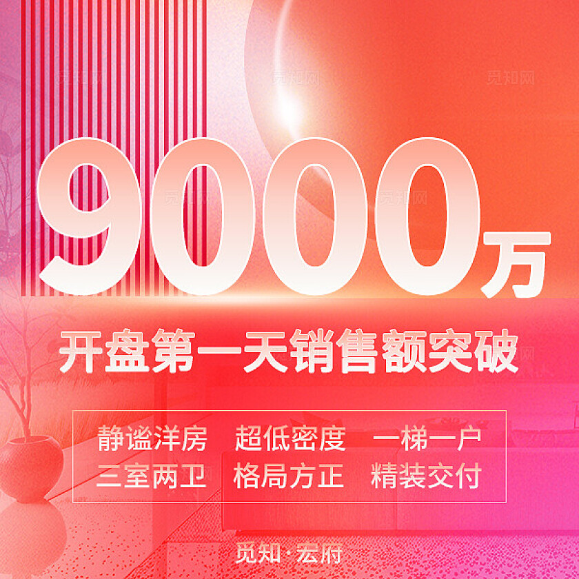 红色简约风朋友圈营销九宫格弥散风觅知房产开盘战报销售额KPI
