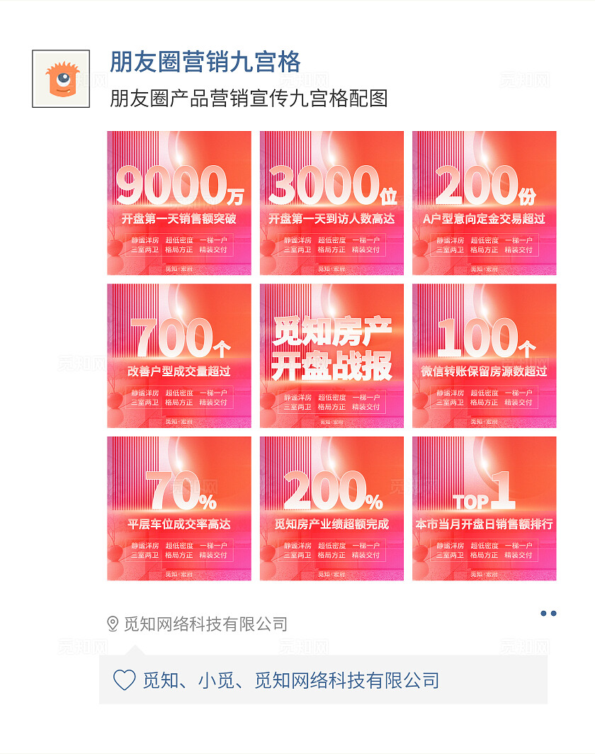 红色简约风朋友圈营销九宫格弥散风觅知房产开盘战报销售额KPI