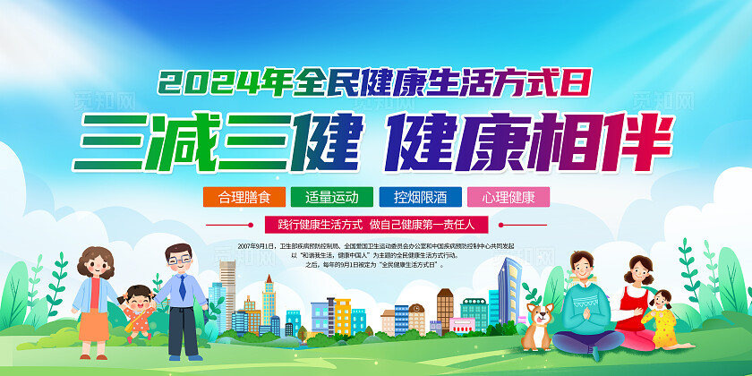 蓝绿色小清新2024年全民健康生活方式日宣传知识展板背景全民健康生活方式宣传月
