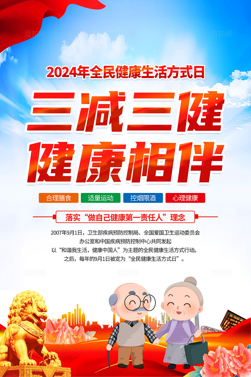 蓝色简约2024年全民健康生活方式日三减三健海报套图全民健康生活方式行动日91