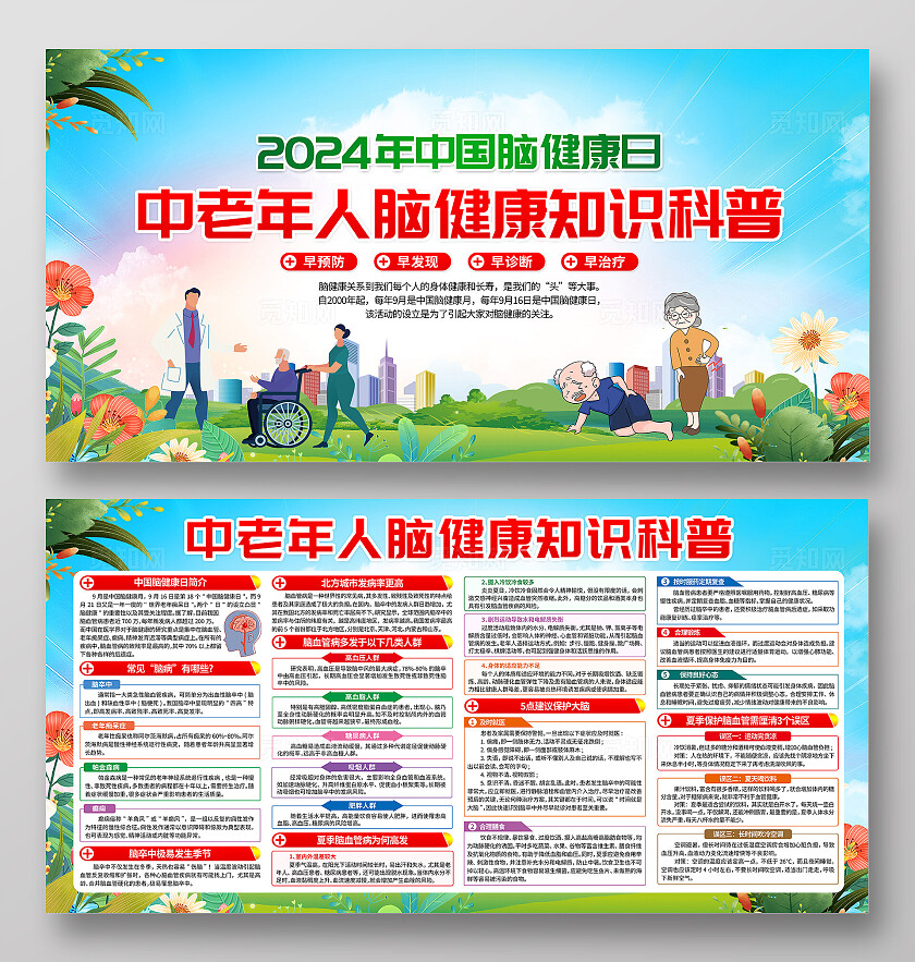 蓝绿色小清新中国脑健康日中老年人脑健康宣传栏背景