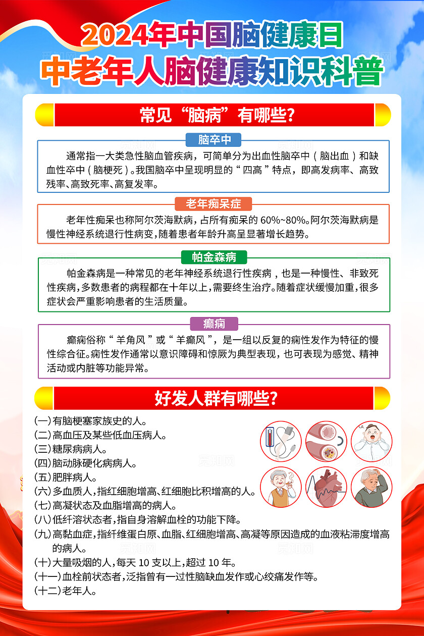 蓝色党建中国脑健康日中老年人脑健康知识宣传海报套图