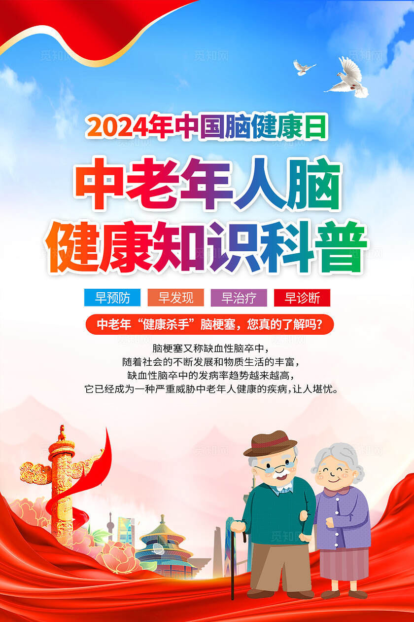 蓝色党建中国脑健康日中老年人脑健康知识宣传海报套图