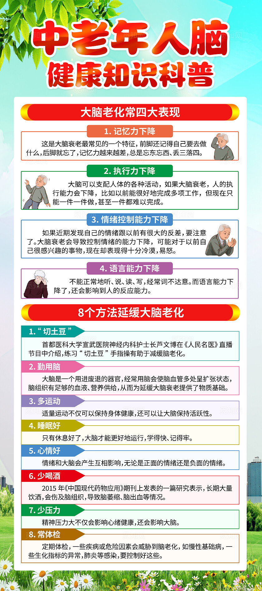 蓝色简约中国脑健康日中老年人脑健康知识宣传展架背景