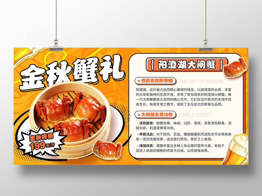 橙色创意风金秋蟹礼大闸蟹促销宣传文案展板