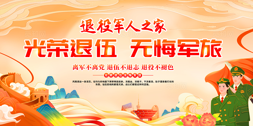 国潮风格光荣退伍无悔军旅退伍欢送会宣传展板