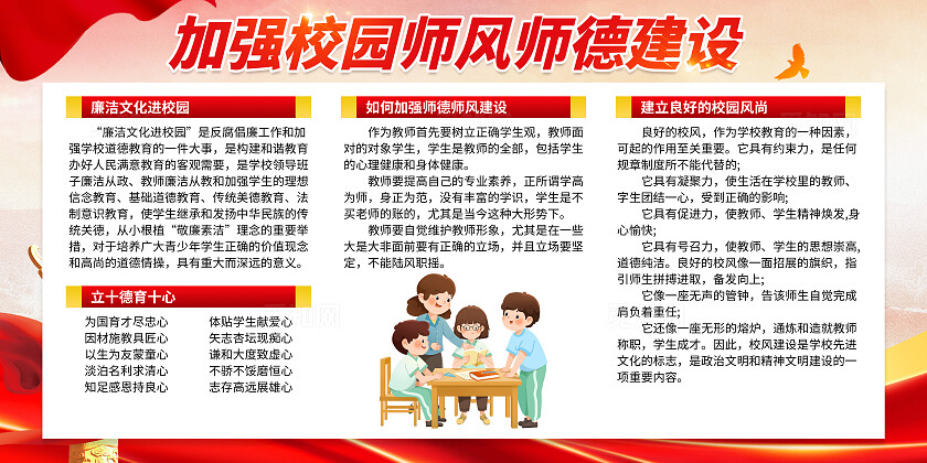 红色加强师风师德建设师风师德主题德育宣传栏师风师德主题教育