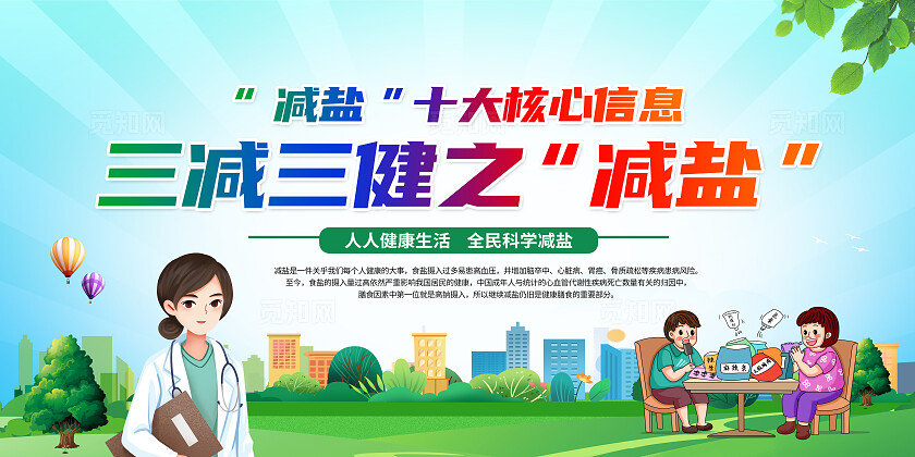 蓝绿色小清新中国减盐周三减三健减盐十大信心知识宣传栏背景