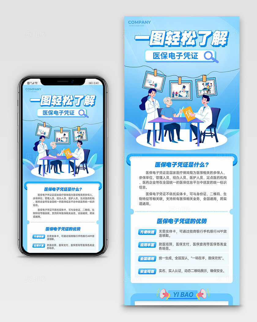 蓝色插画风电子医保长图医保宣传融媒体宣传