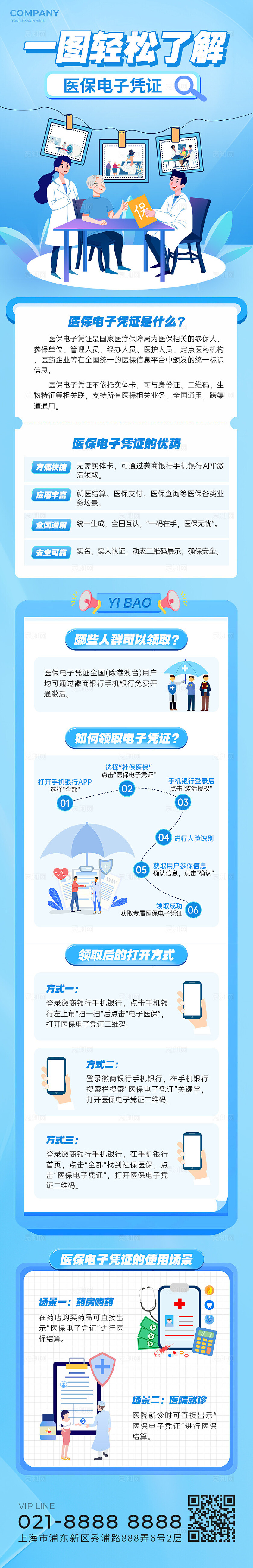 蓝色插画风电子医保长图医保宣传融媒体宣传