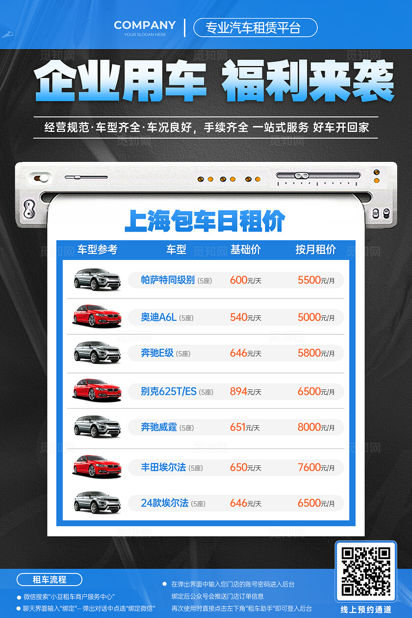 蓝色简约风汽车租赁价目表促销活动手机文案海报