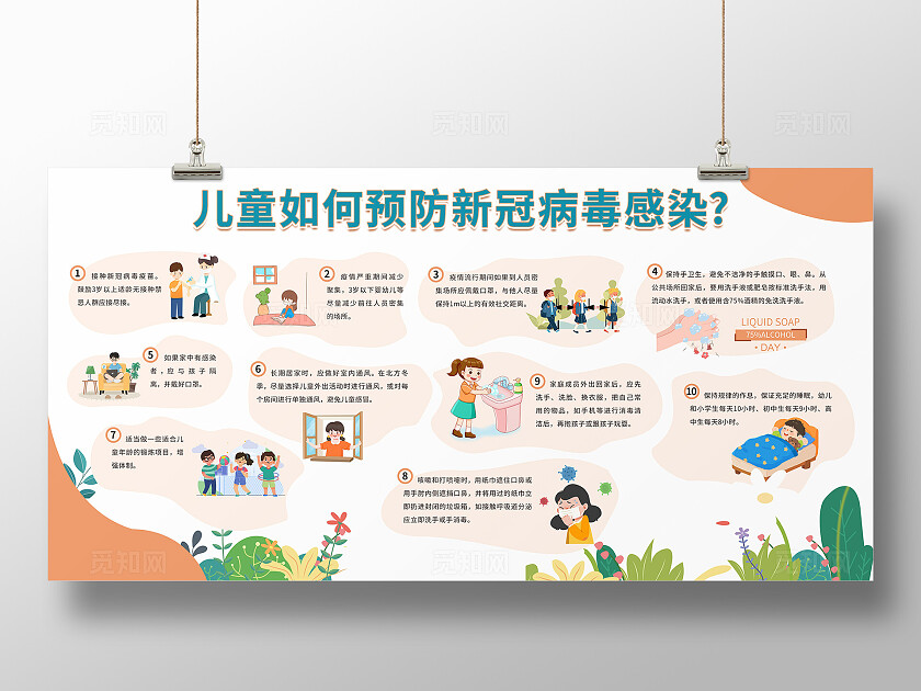 橙色简约卡通风儿童如何预防疾病新冠病毒感染宣传栏展板
