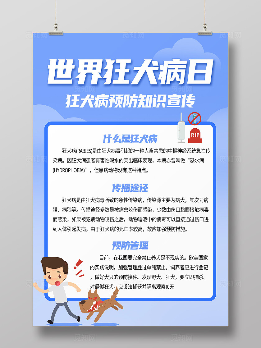 蓝色简约狂犬病预防知识宣传手机文案海报世界狂犬病日