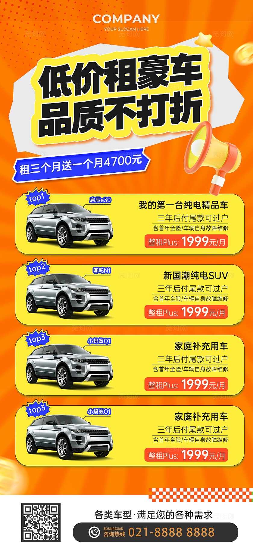 橙黄色简约风汽车打折促销活动手机文案海报