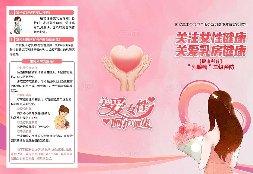 粉色关注女性健康乳腺癌健康折页乳腺癌防治月预防乳腺癌