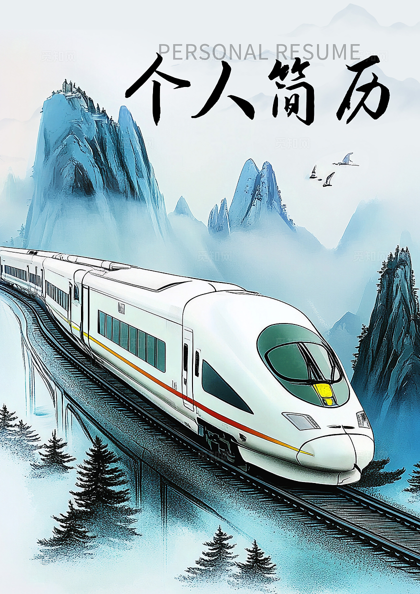 蓝色山水水墨中国风插画高铁铁路个人简历封面