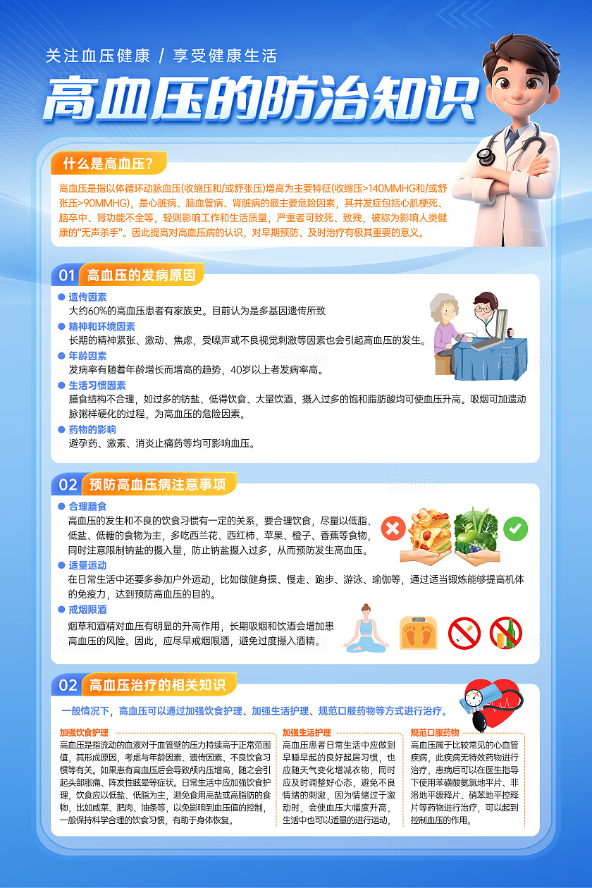 蓝色浅色简约卡通创意全国高血压日宣传健康教育知识手机文案海报