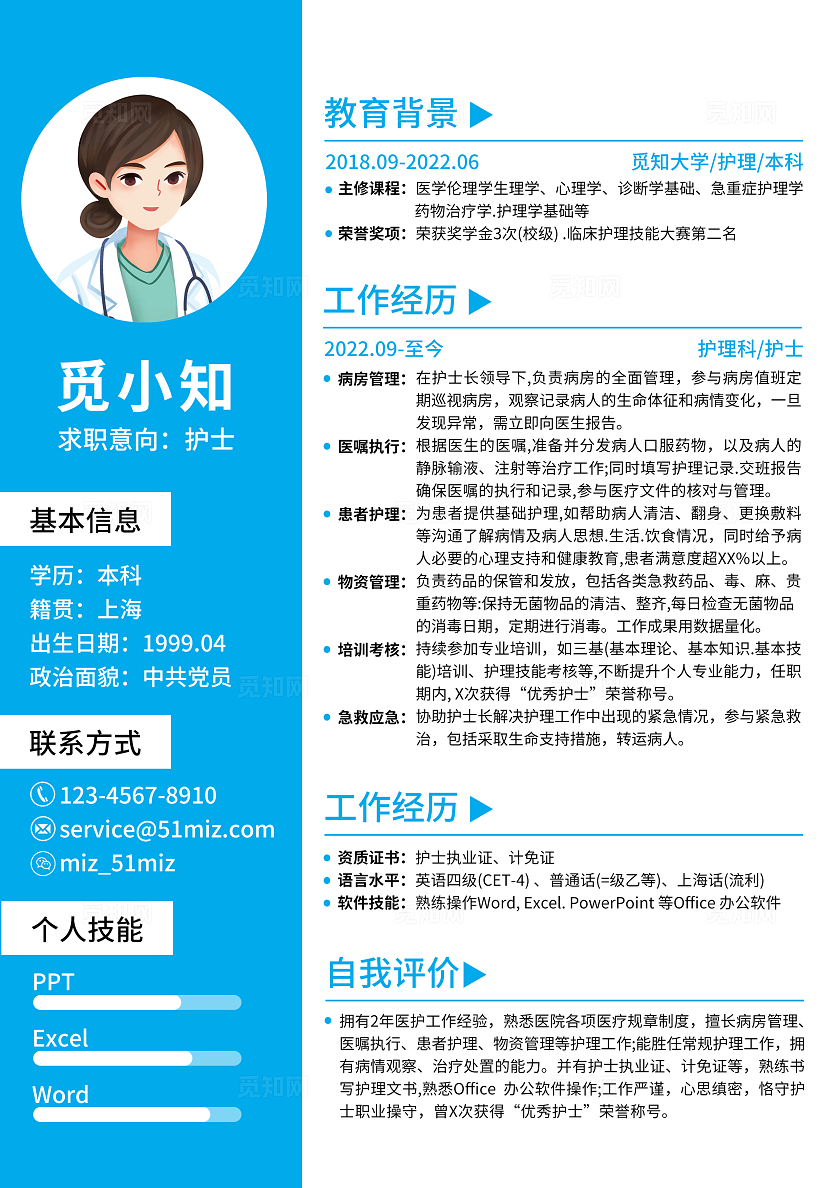 蓝色简约风商务护士医生 个人简历封面