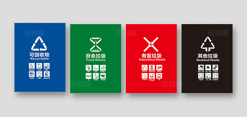 蓝绿红色简约垃圾分类标贴