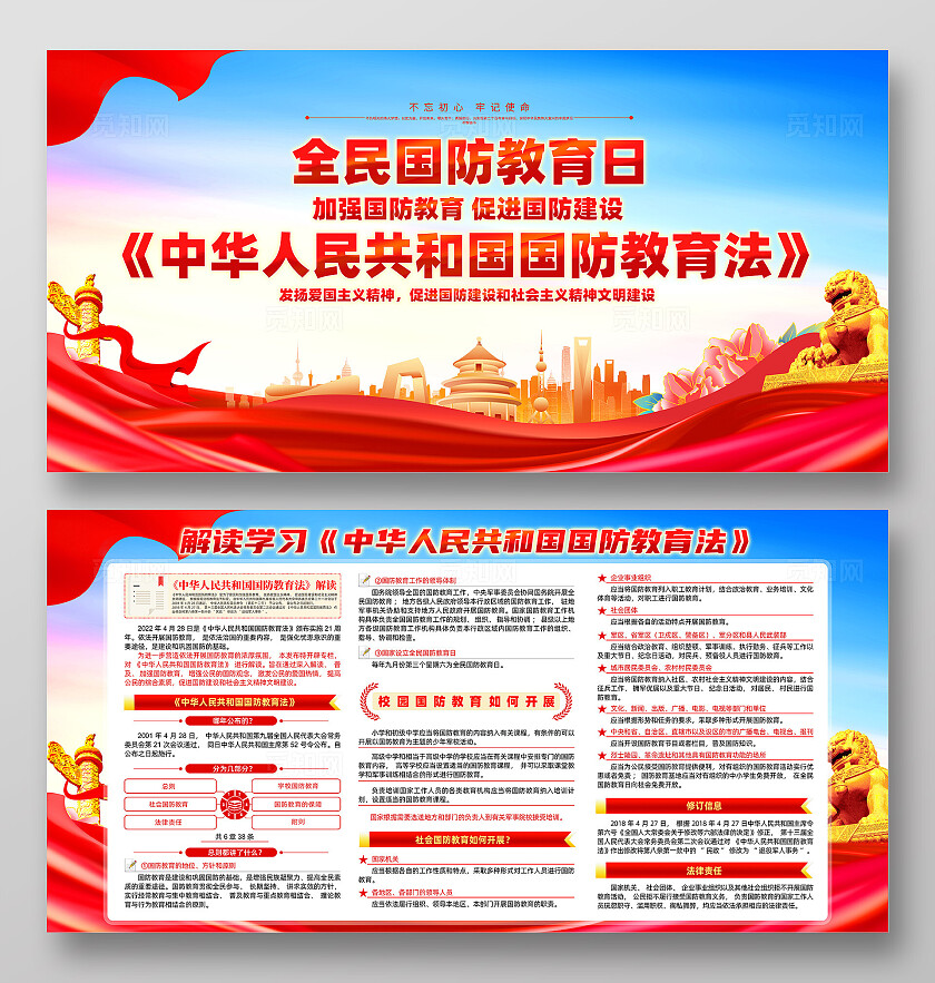 红色大气全民国防教育日国防教育展板宣传