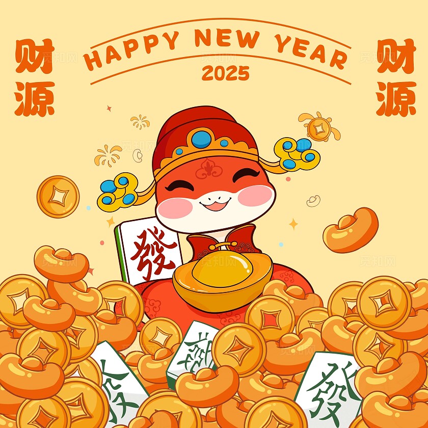 国潮插画卡通平安喜乐财源广进蛇年大吉新年方形贺卡2025新年蛇年