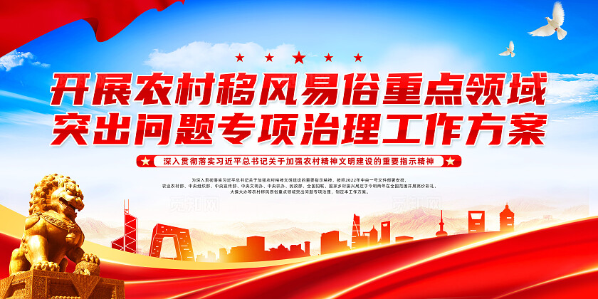 红色简约开展农村移风易俗重点领域移风易俗展板宣传