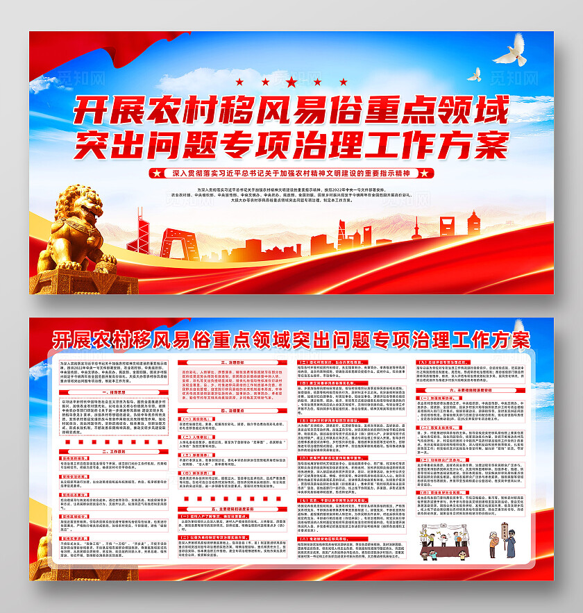 红色简约开展农村移风易俗重点领域移风易俗展板宣传