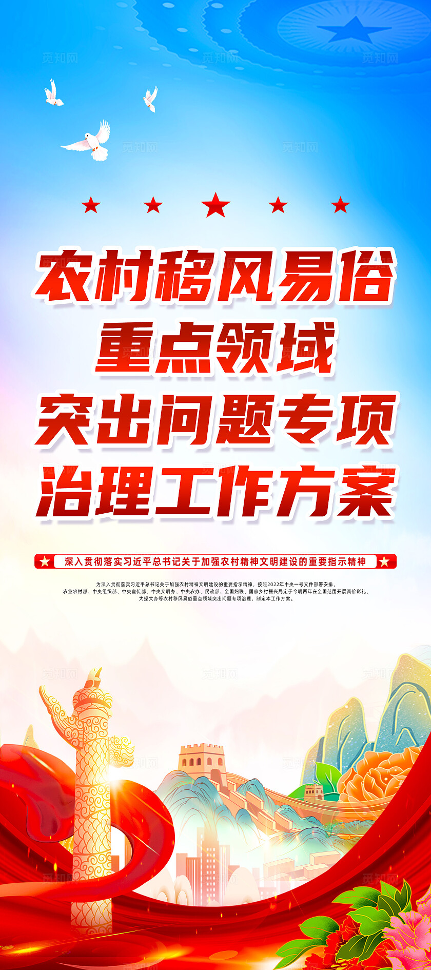 红色简约开展农村移风易俗重点领域移风易俗展架宣传
