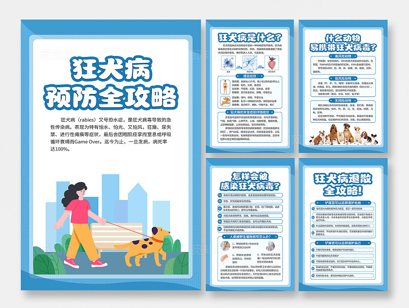 蓝色简约世界狂犬病日预防狂犬病知识海报套图背景