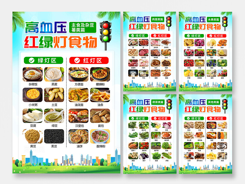 蓝绿色小清新高血压红绿灯食物菜谱知识海报套图2025全国高血压日