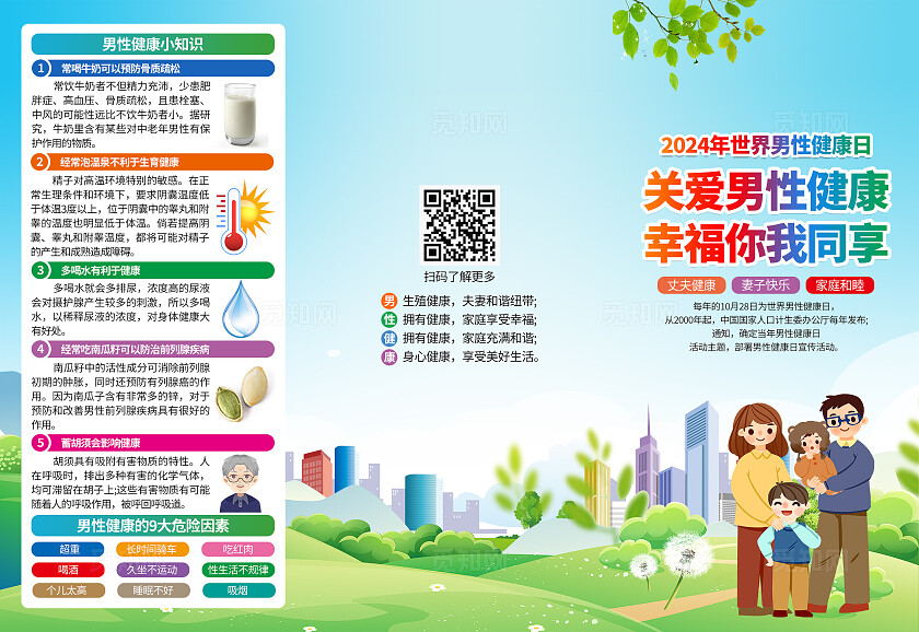 蓝绿色小清新2024年世界男性健康日知识三折页背景