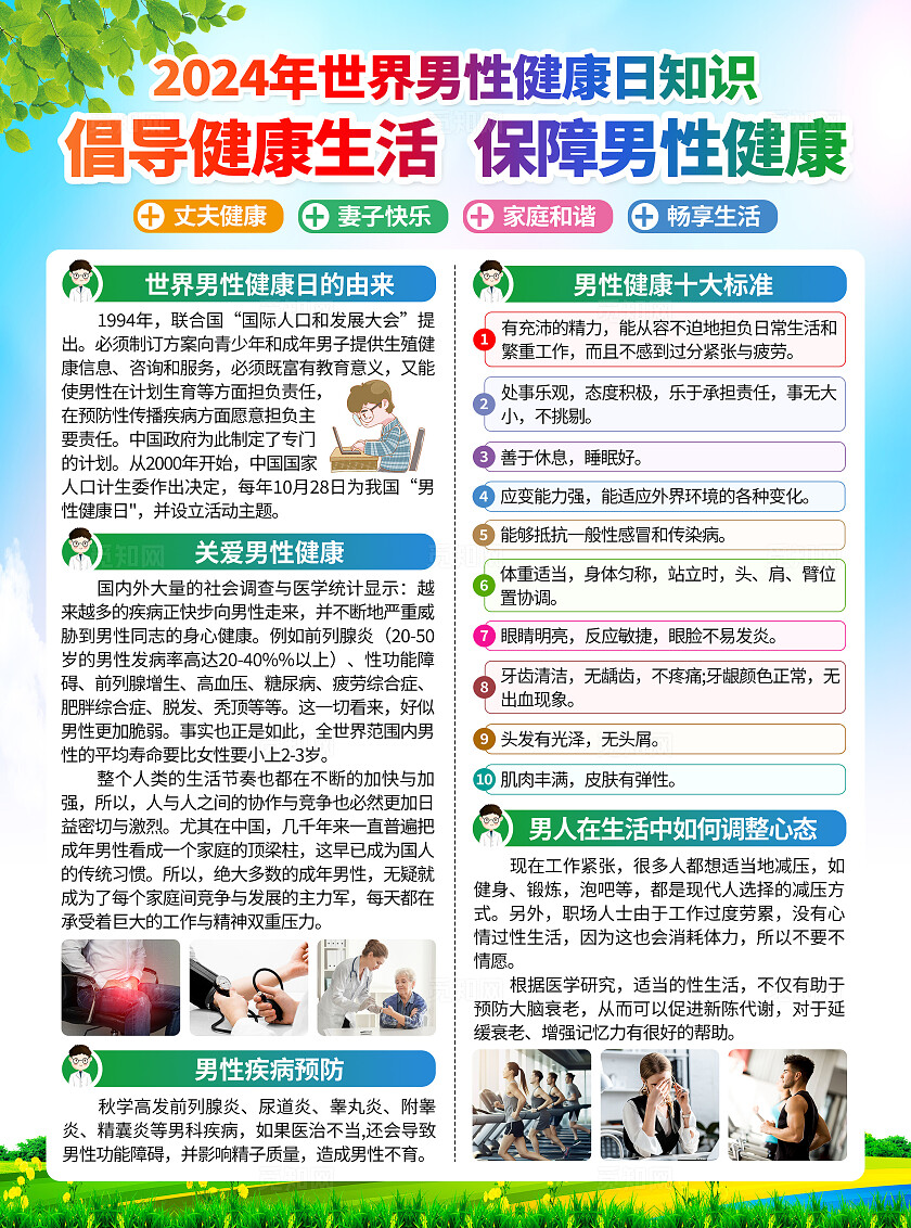 蓝色小清新2024年世界男性健康日身体健康宣传单知识背景