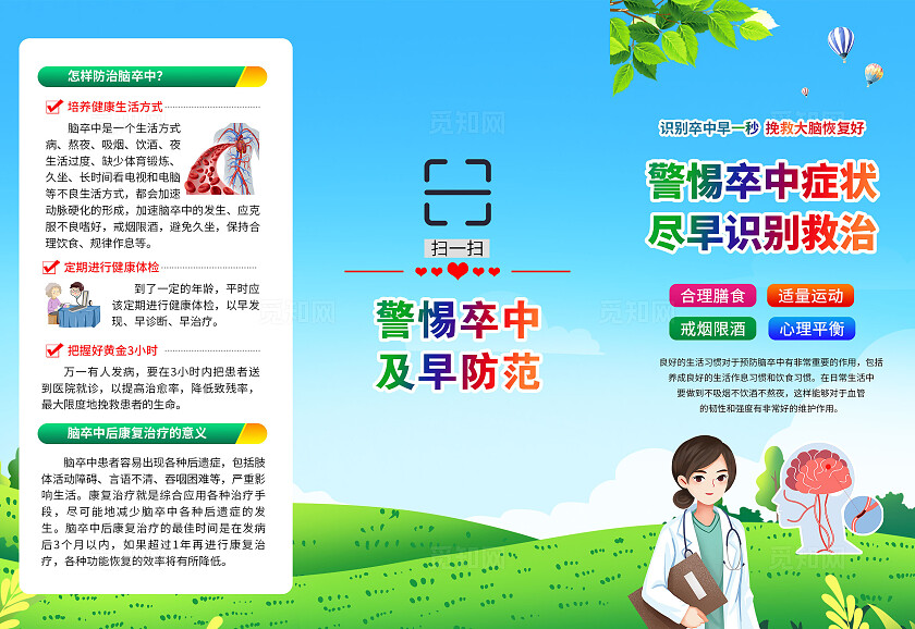 蓝色清新风格脑卒中三折页2024世界卒中日