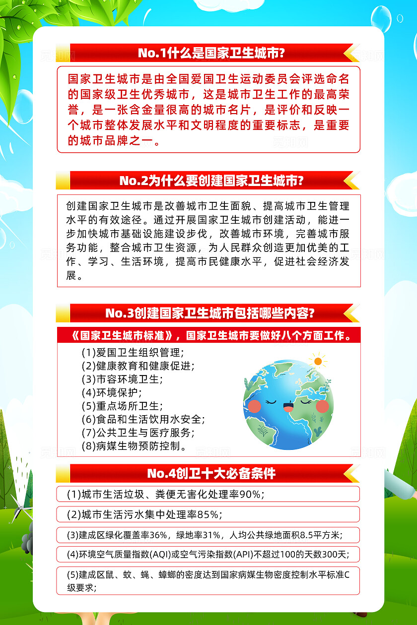 绿色卡通创造优美环境营造优良秩序创建卫生城市海报宣传