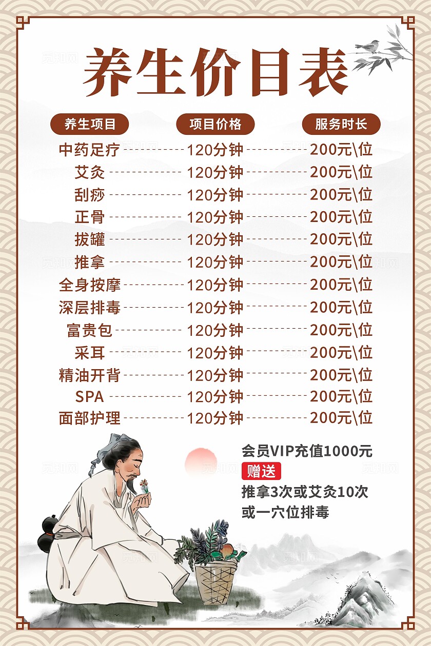 中医养生价目表