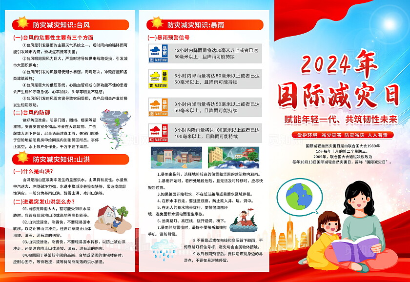蓝色大气简约2024年国际减灾日宣传知识三折页设计国际减轻自然灾害日