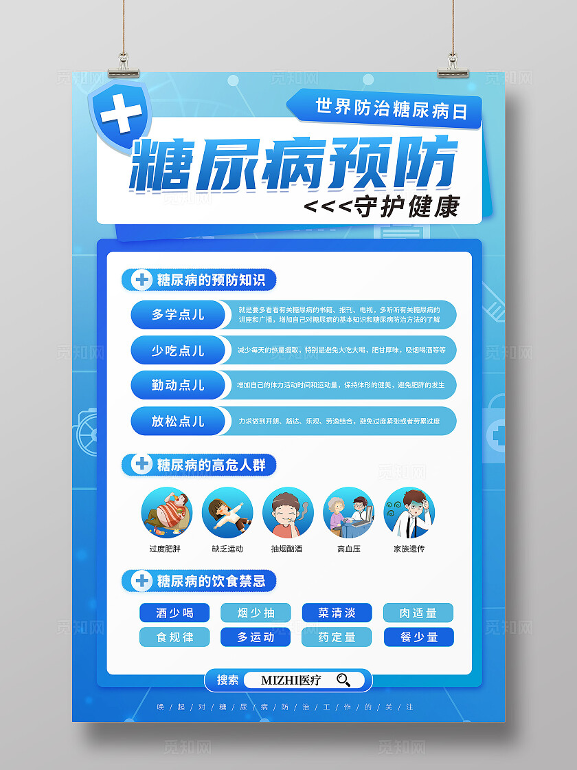 蓝色卡通简约大气糖尿病预防宣传海报糖尿病预防与保健世界糖尿病日海报
