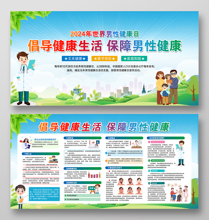 蓝绿色小清新2024年关爱男性健康知识宣传展板世界男性健康日