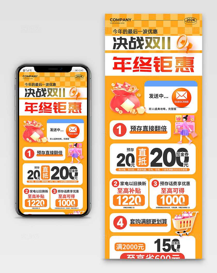 橙色简约风决战双11年终钜惠促销活动手机长图双十一双11