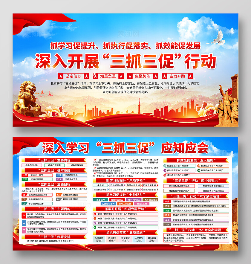 蓝色简约深入学习三抓三促行动方案应知应会知识党建宣传栏背景