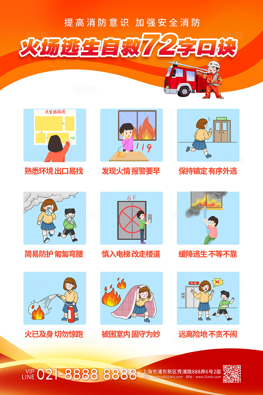 消防安全日红色金色卡通创意消防安全火场逃生72字口诀手机文案海报消防安全手机文案海报
