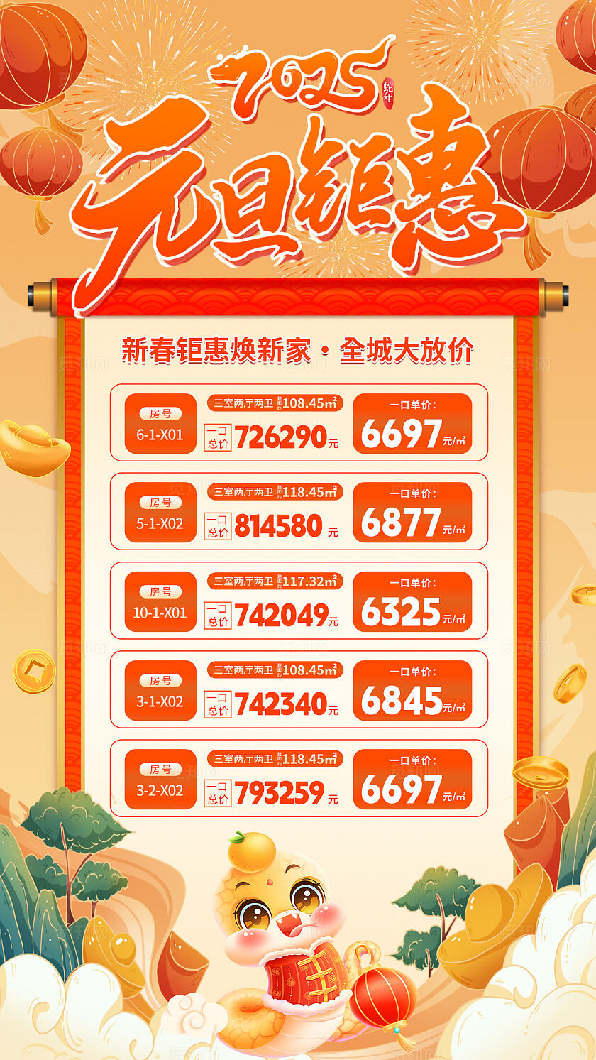 国潮2025元旦促销手机文案海报房地产特价房源促销海报