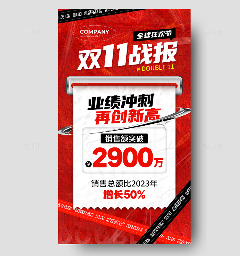 红色简约风全球狂欢节双11战报手机宣传文案海报双十一战报