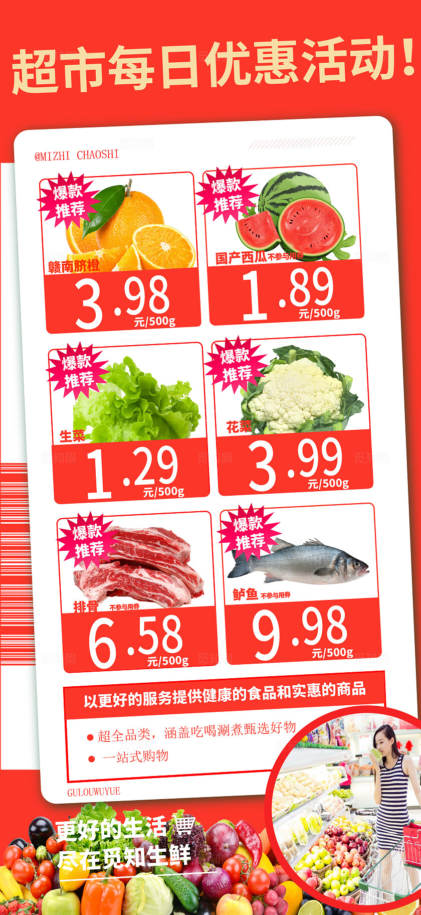 红色超市每日优惠活动促销蔬菜水果肉类日用品促销海报背景零售快消行业