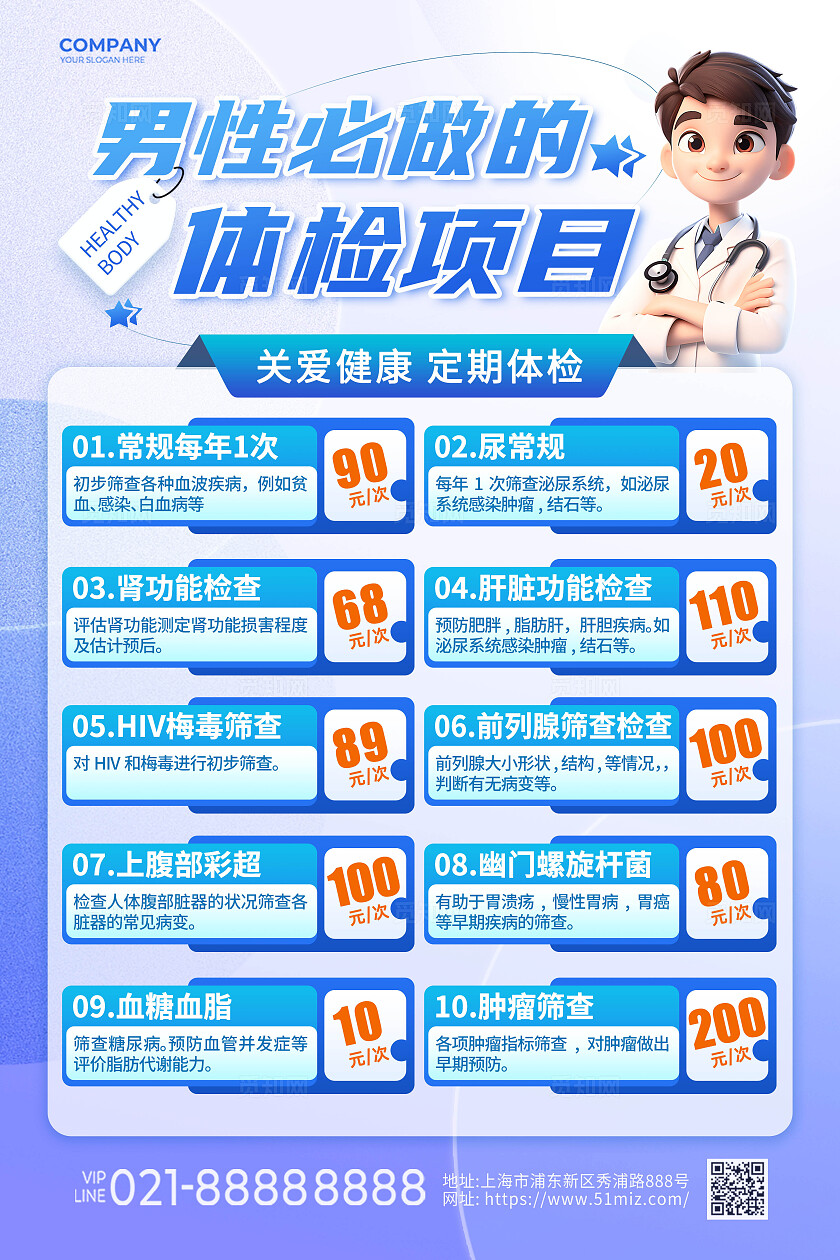 蓝色创意简洁卡通男性体检必备项目手机文案海报男性疾病