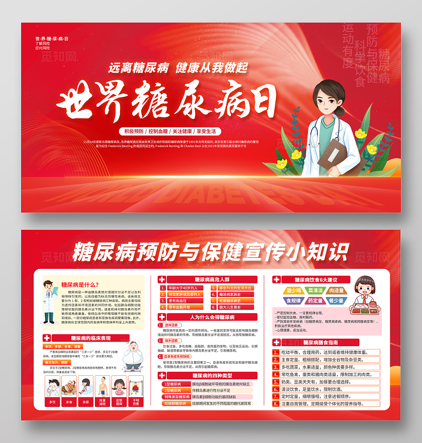 红色简约卡通世界糖尿病日联合国糖尿病日预防糖尿病糖尿病预防与保健科普展板