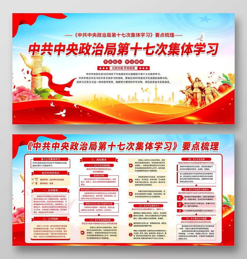 蓝色清新简约中央政治局第十七次集体学习宣传展板宣传栏