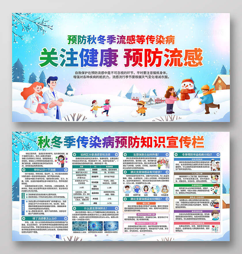 蓝色小清新冬季健康教育知识疾病预防冬季传染病预防冬季健康宣传栏背景