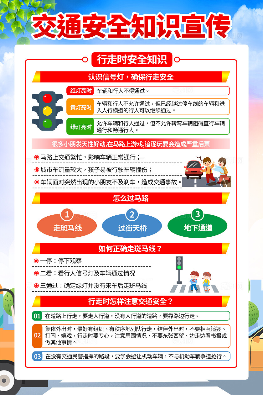 全国交通安全日蓝色卡通交通安全知识常识文明出行海报套图背景