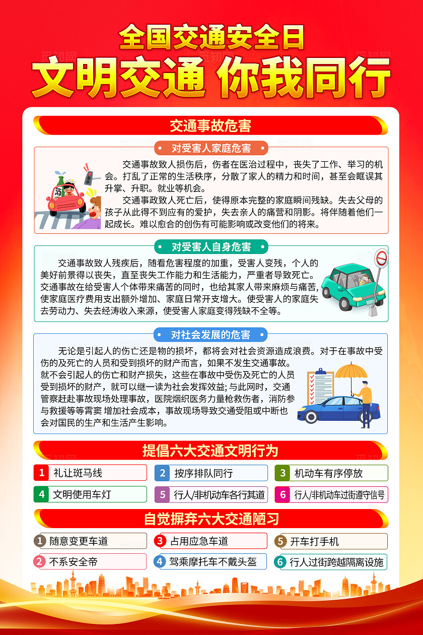 红色简约文明交通安全出行知识宣传全国交通安全日海报套图背景